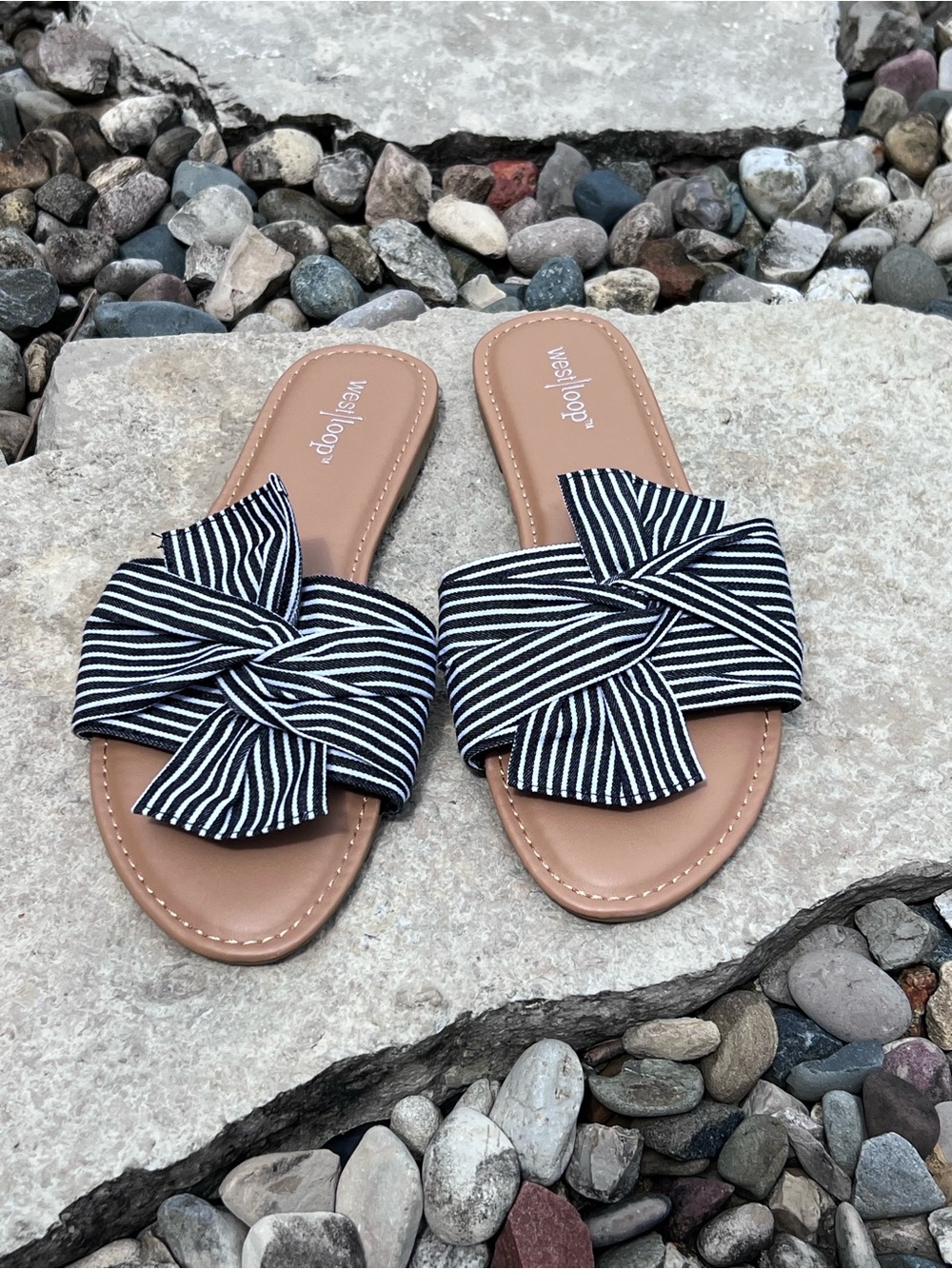west loop Black & White Striped Bow Slide Sandals (NEW)